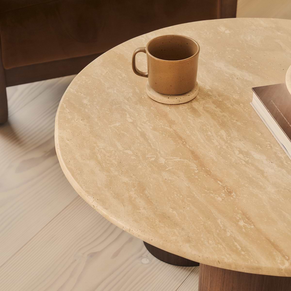 Trivium - Beige Travertine Round Dark Wood Premium Coffee Table