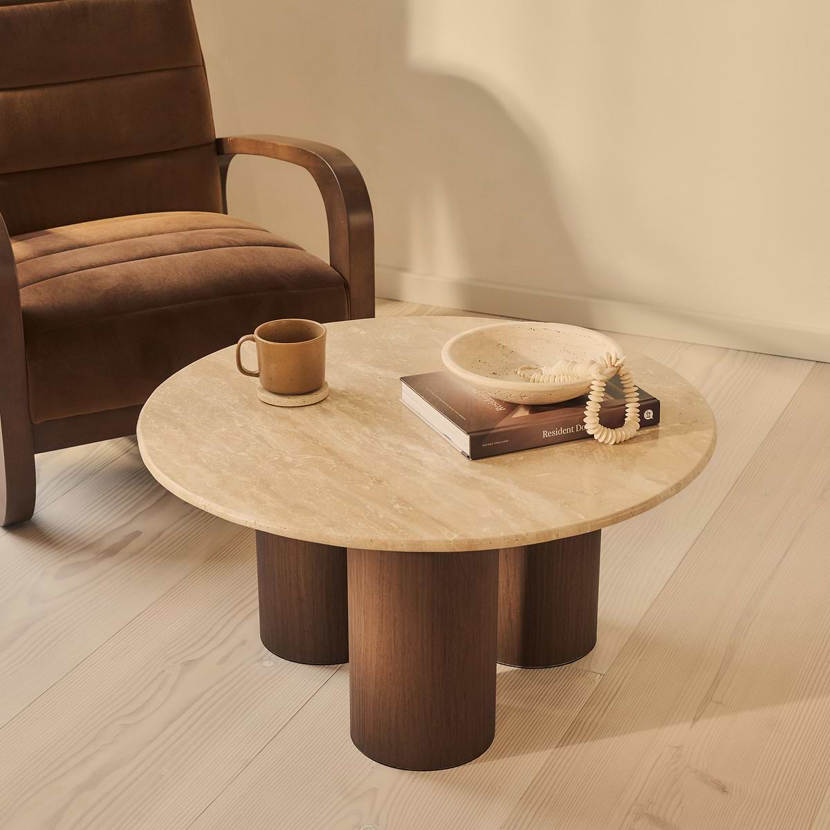 Trivium - Beige Travertine Round Dark Wood Premium Coffee Table