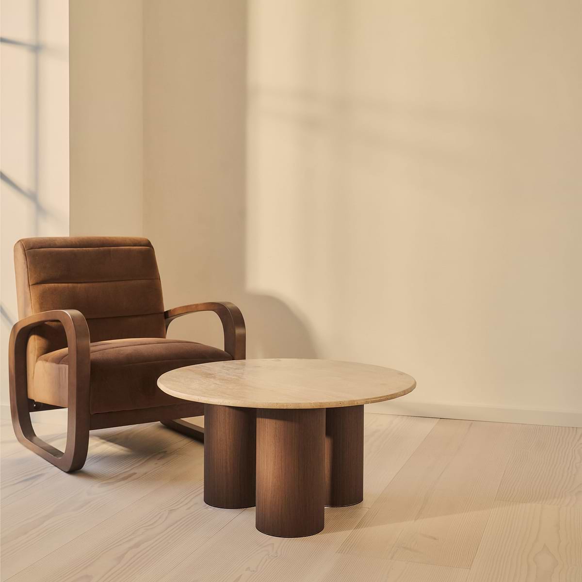 Trivium - Beige Travertine Round Dark Wood Premium Coffee Table