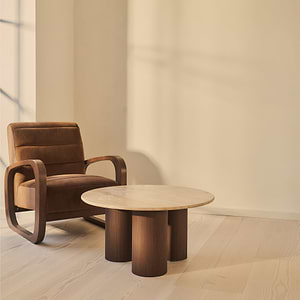 Trivium - Beige Travertine Round Dark Wood Premium Coffee Table