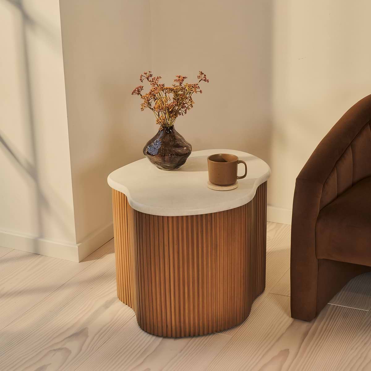 Cove - Warm Wood Ribbed Irregular Side Table