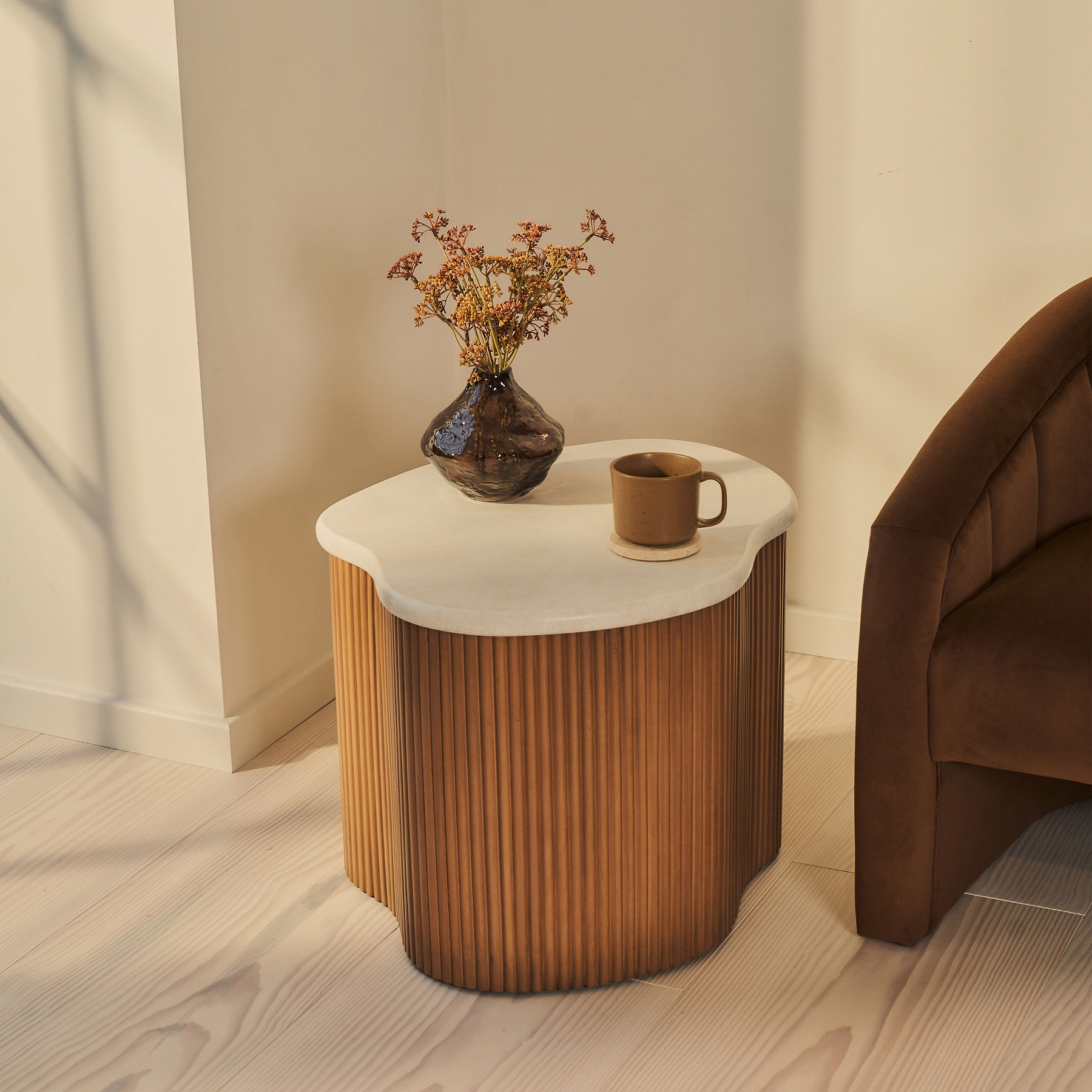 Cove - Warm Wood Ribbed Irregular Side Table