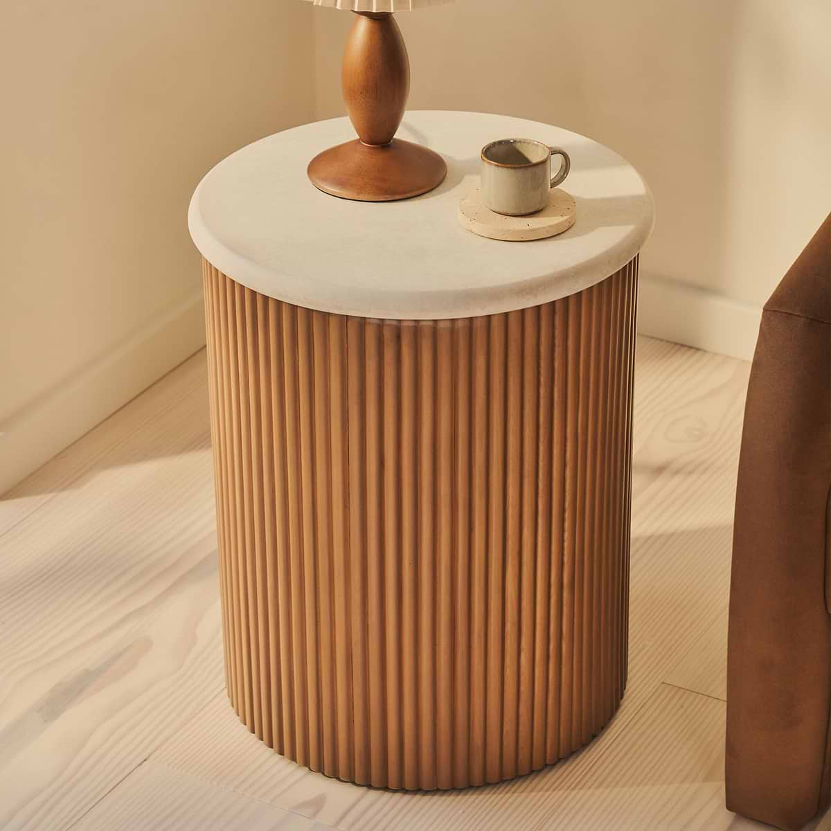 Cove - Warm Wood Ribbed Round Side Table