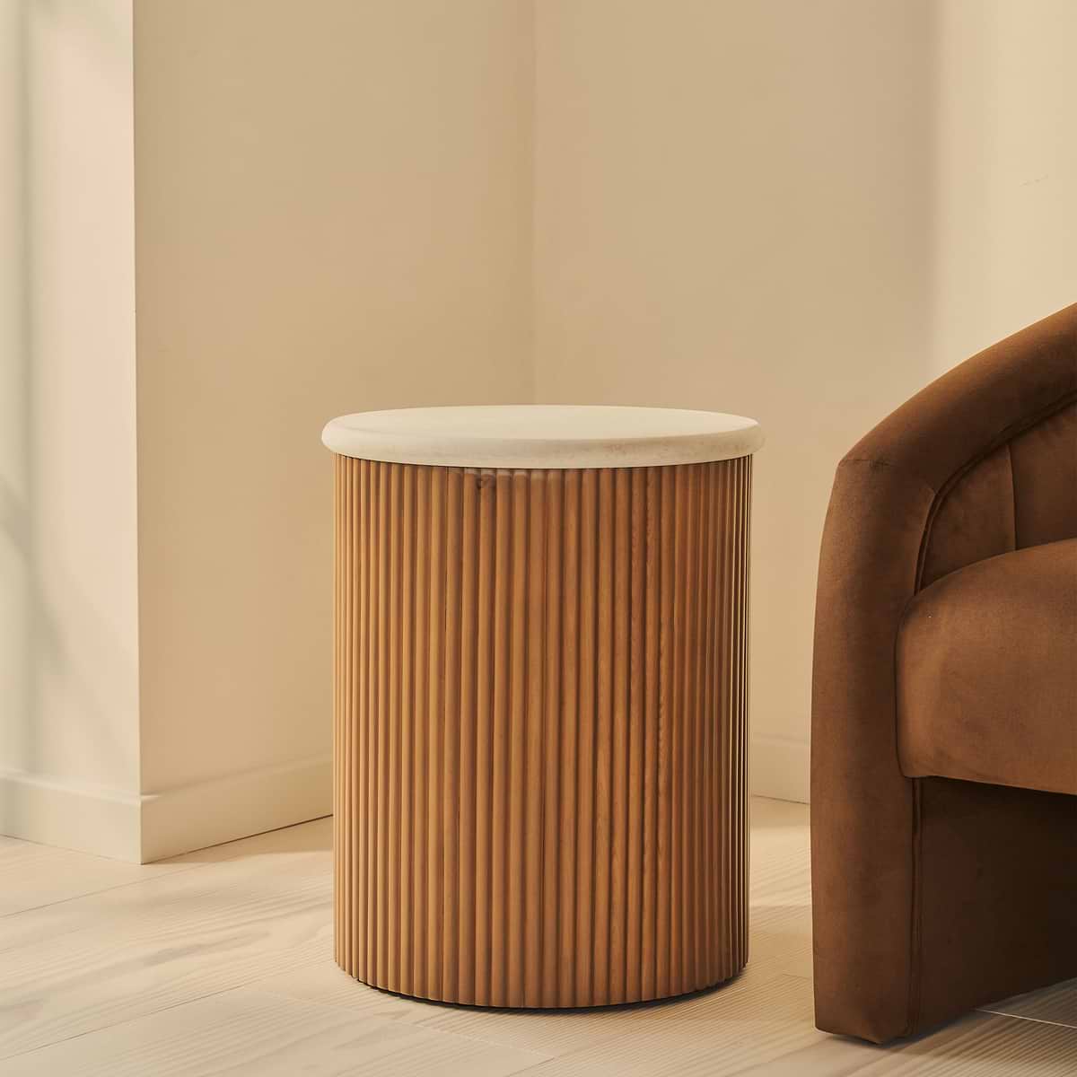 Cove - Warm Wood Ribbed Round Side Table