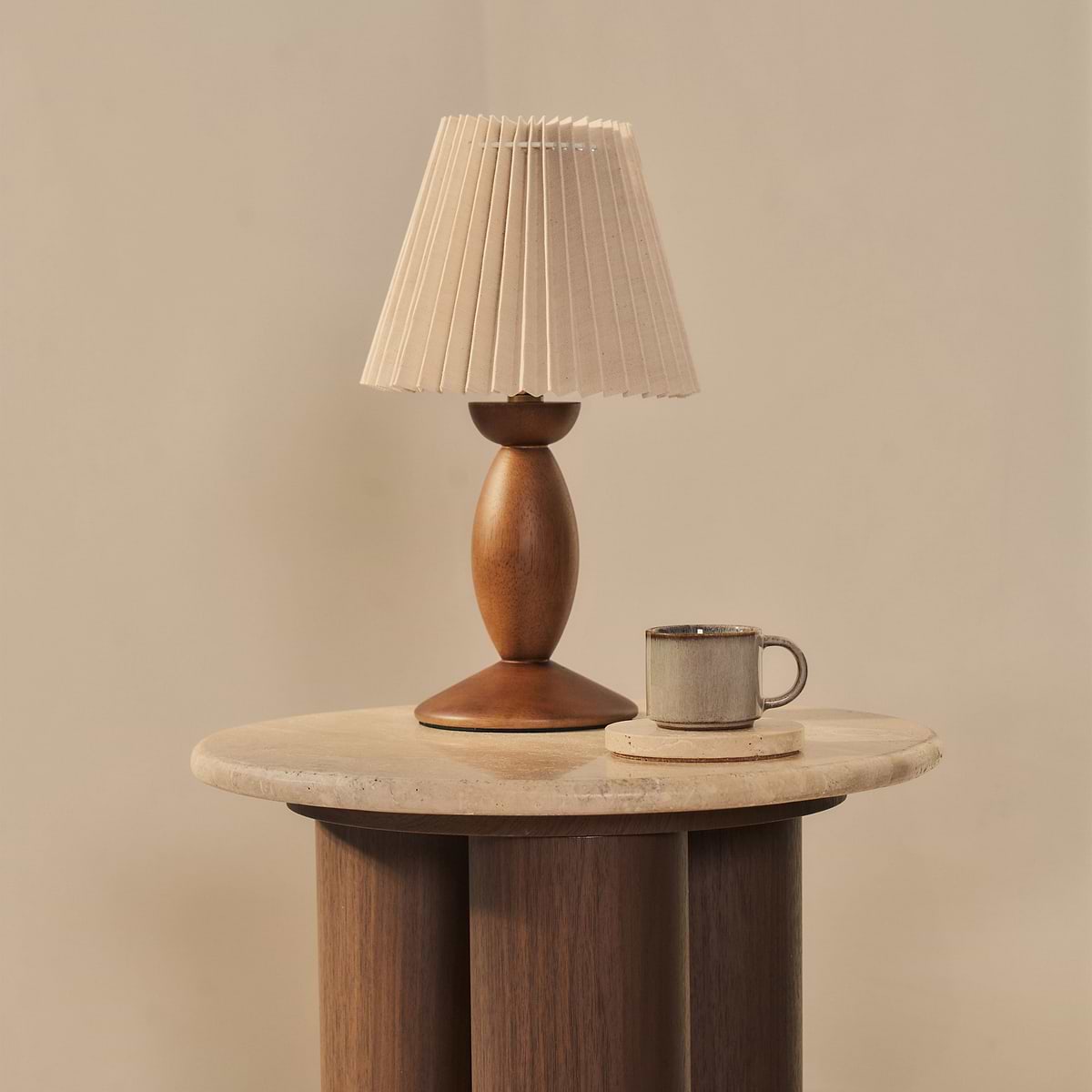 Trivium - Beige Travertine Round Dark Wood Premium Side Table