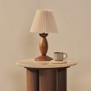 Trivium - Beige Travertine Round Dark Wood Premium Side Table