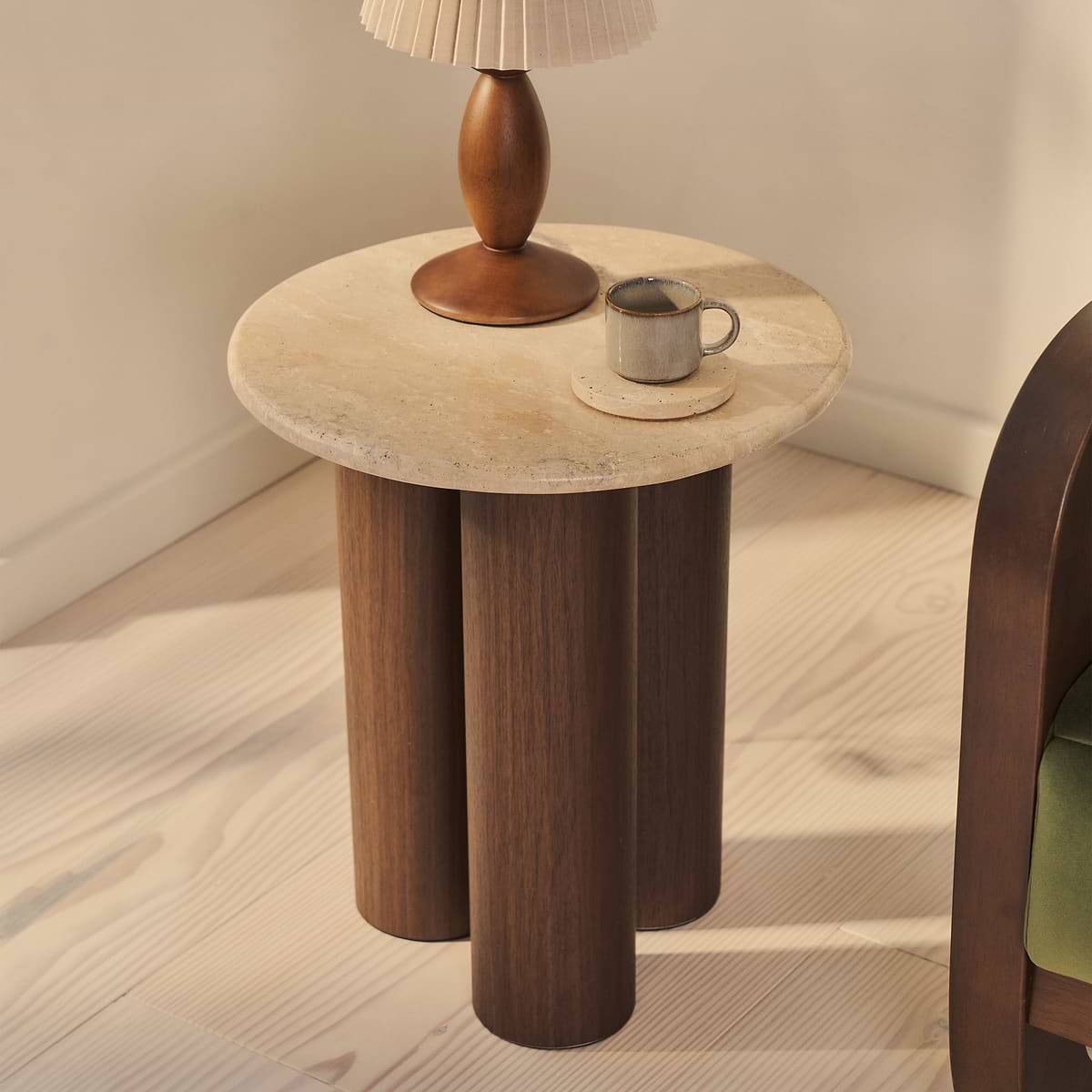 Trivium - Beige Travertine Round Dark Wood Premium Side Table