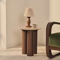 Trivium - Beige Travertine Round Dark Wood Premium Side Table