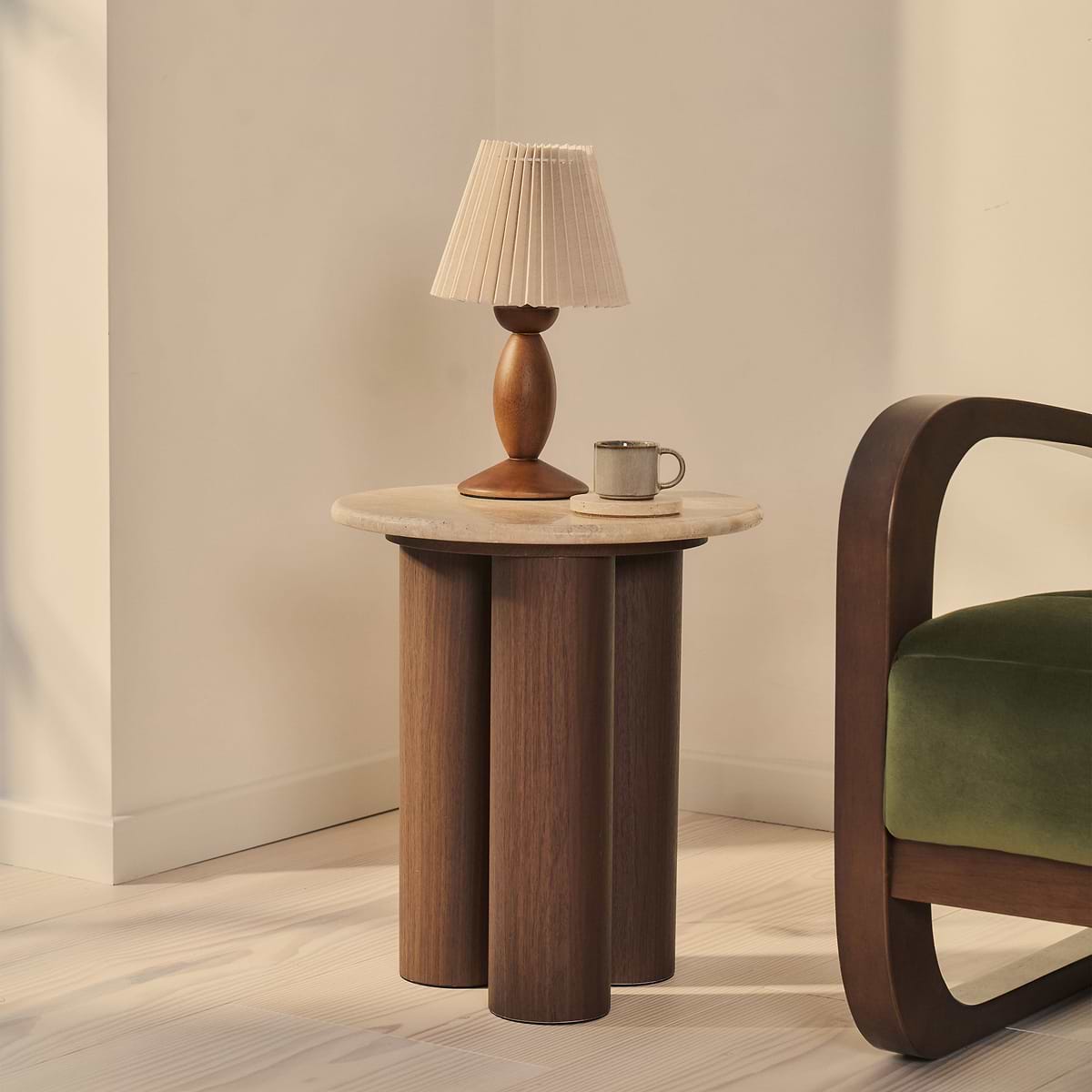 Trivium - Beige Travertine Round Dark Wood Premium Side Table