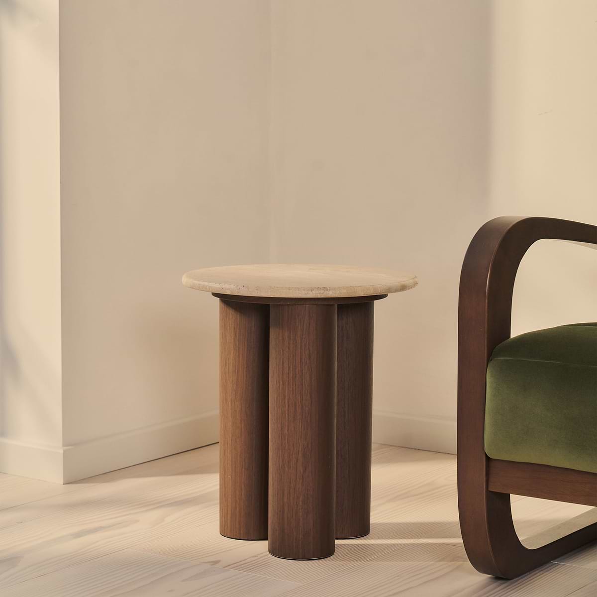 Trivium - Beige Travertine Round Dark Wood Premium Side Table