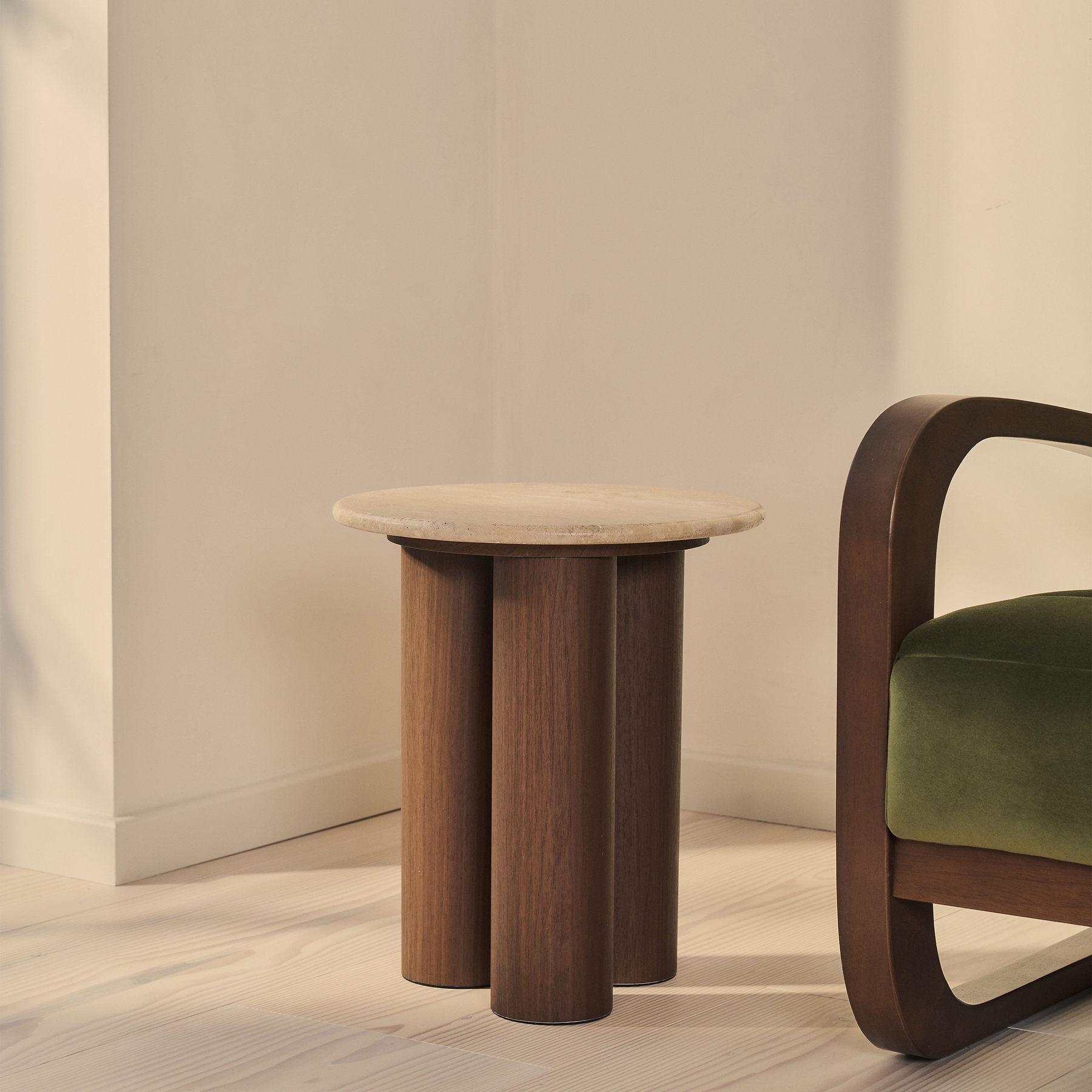 Trivium - Beige Travertine Round Dark Wood Premium Side Table