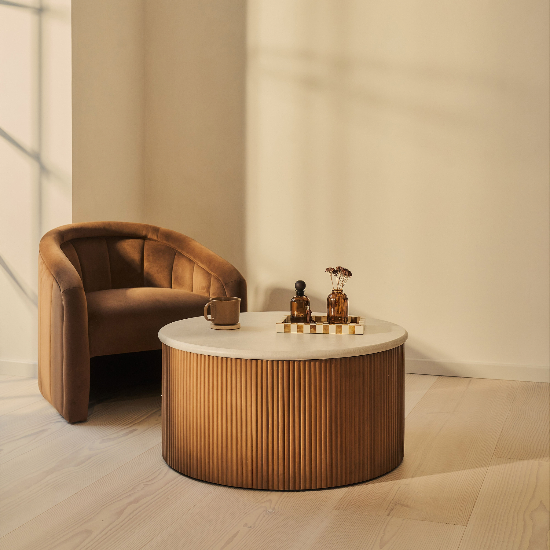 Cove - Warm Wood Ribbed Round Coffee Table