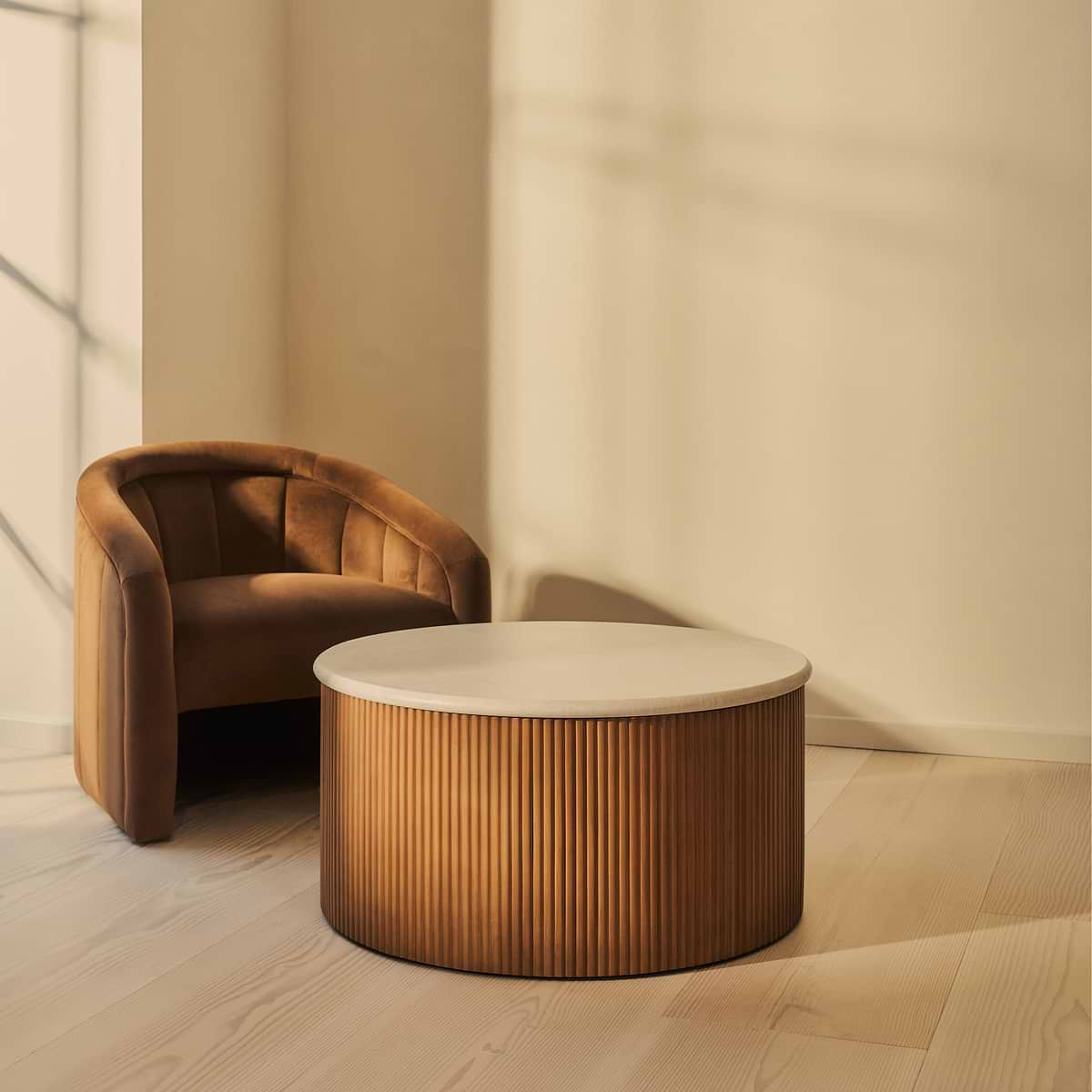 Cove - Warm Wood Ribbed Round Coffee Table