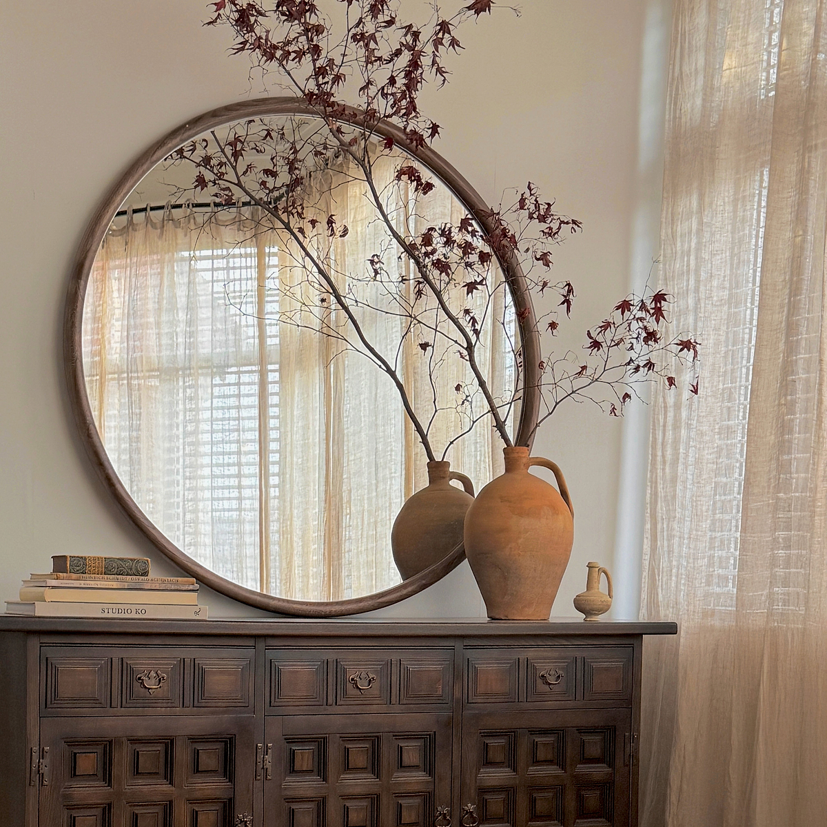 Amora - Extra Large Warm Wood Round Wall Mirror 120cm x 120cm