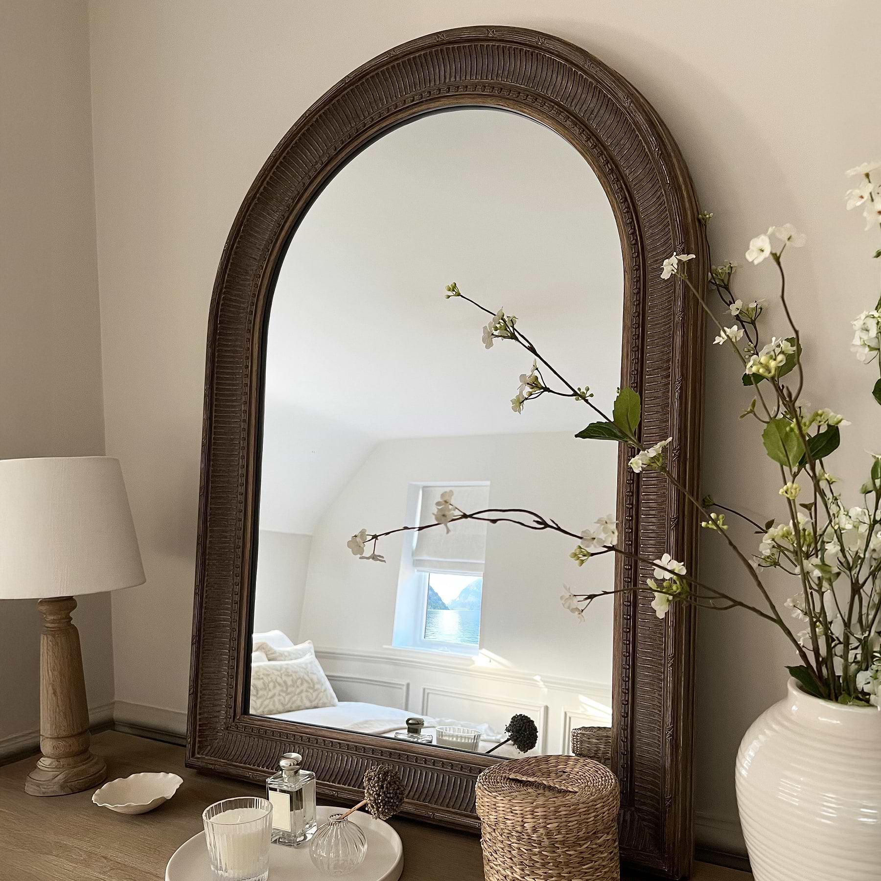 Antoine - Large Washed Wood Arched Mirror 110cm x 80cm