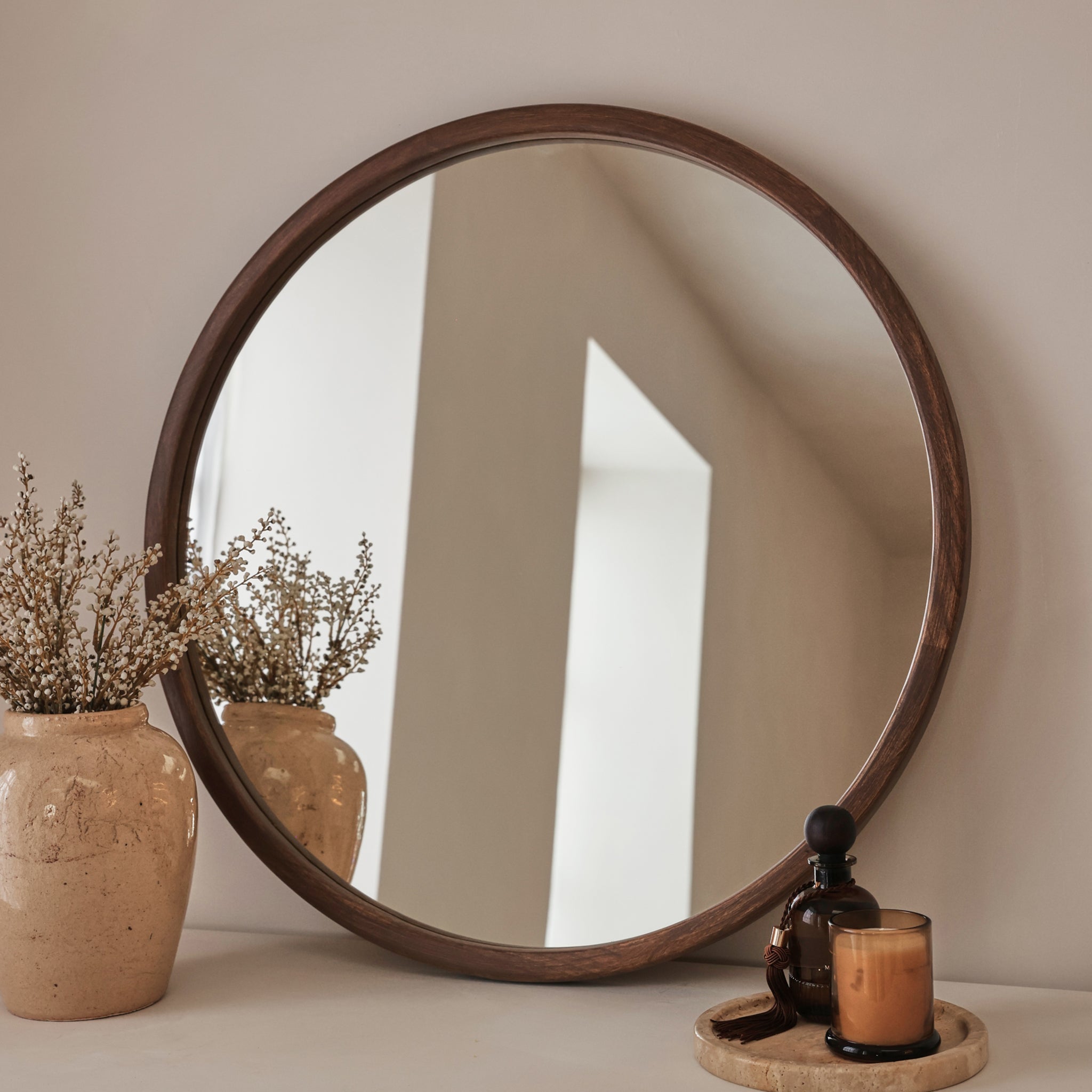 Arden - Dark Wood Round Wooden Wall Mirror 70cm x 70cm