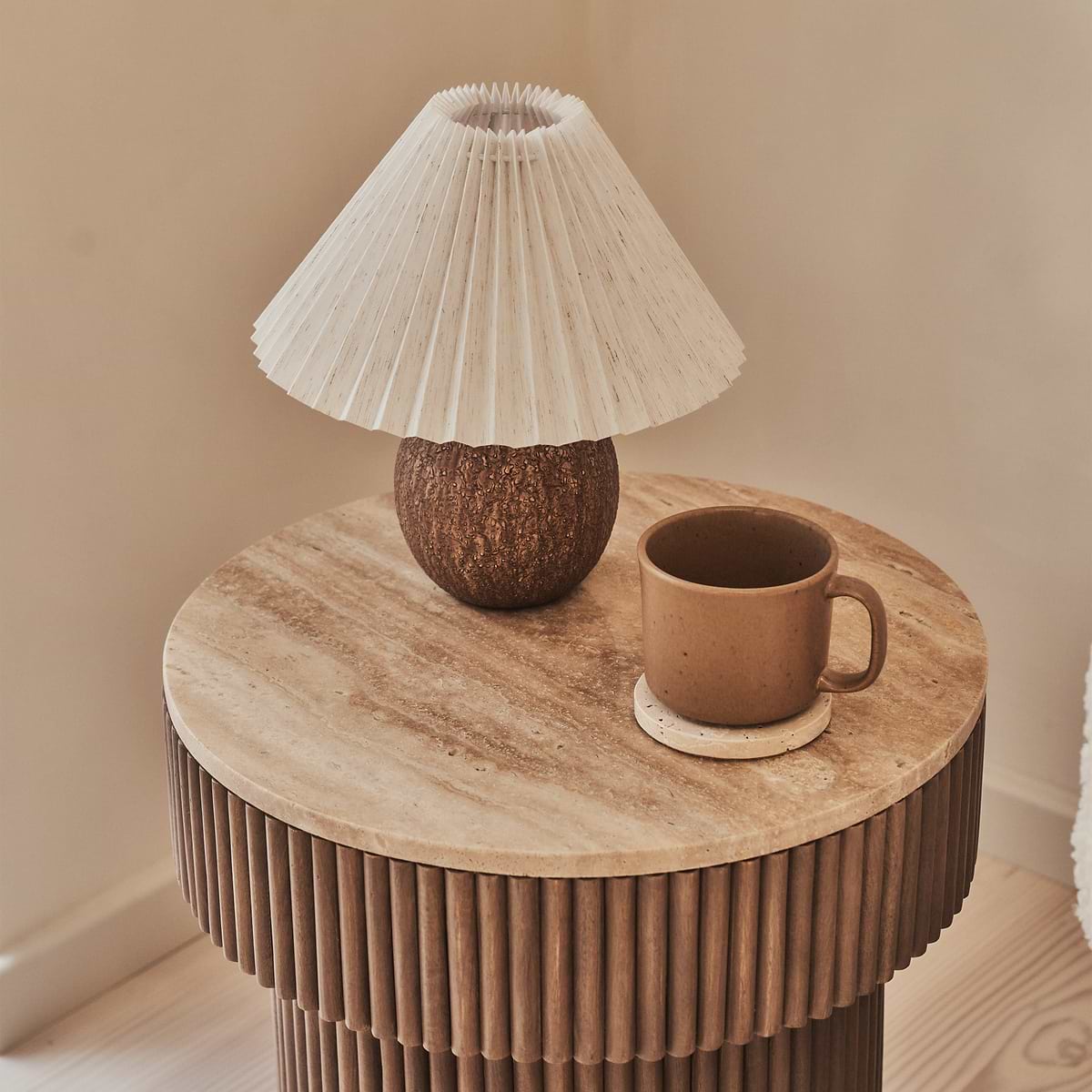 Sloane - Beige Travertine Round Warm Wood Premium Side Table