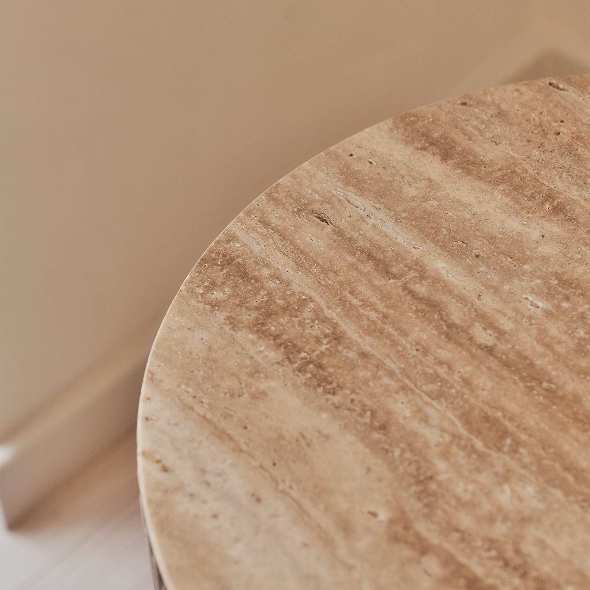 Sloane - Beige Travertine Round Warm Wood Premium Side Table