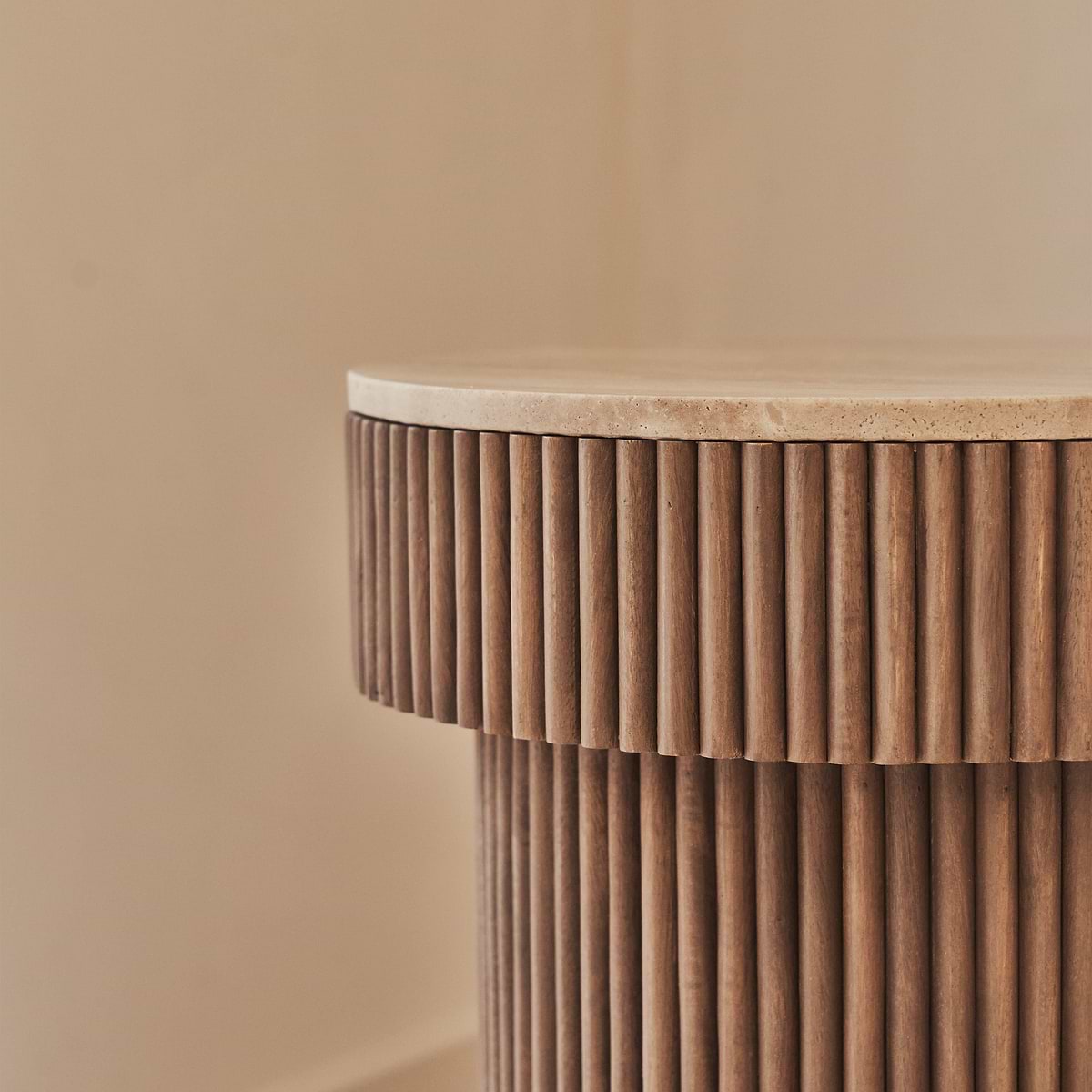 Sloane - Beige Travertine Round Warm Wood Premium Side Table