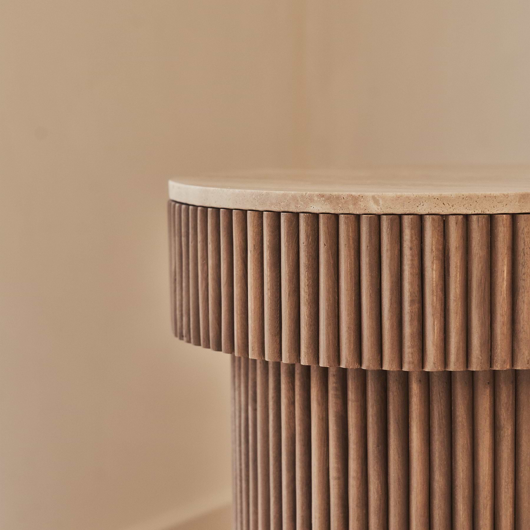 Sloane - Beige Travertine Round Warm Wood Premium Side Table