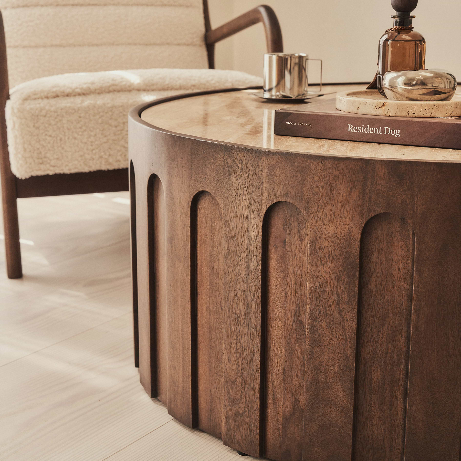 Valor - Beige Travertine Round Dark Wood Premium Coffee Table