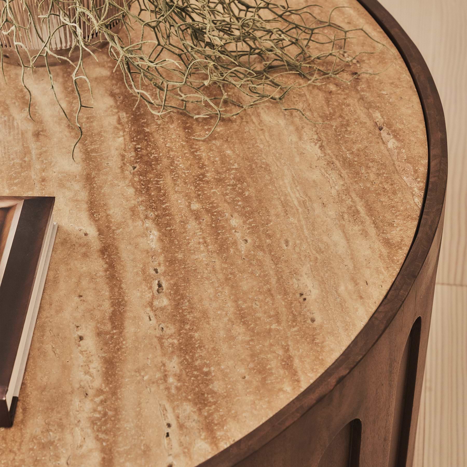 Valor - Beige Travertine Round Dark Wood Premium Coffee Table