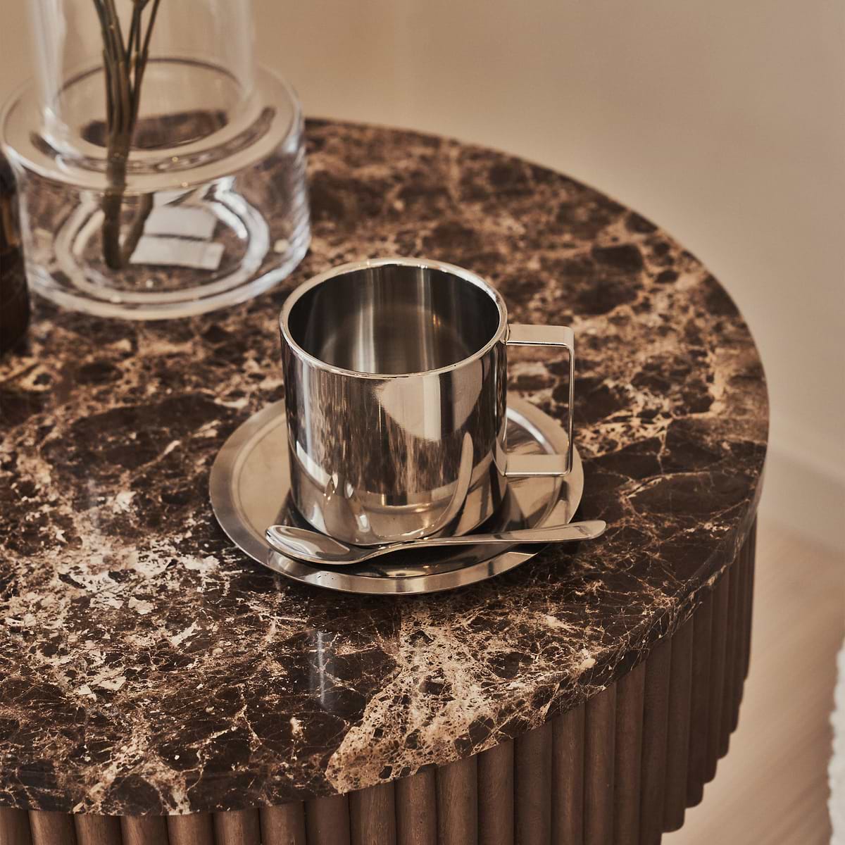 Sloane - Dark Emperador Marble Round Warm Wood Premium Side Table