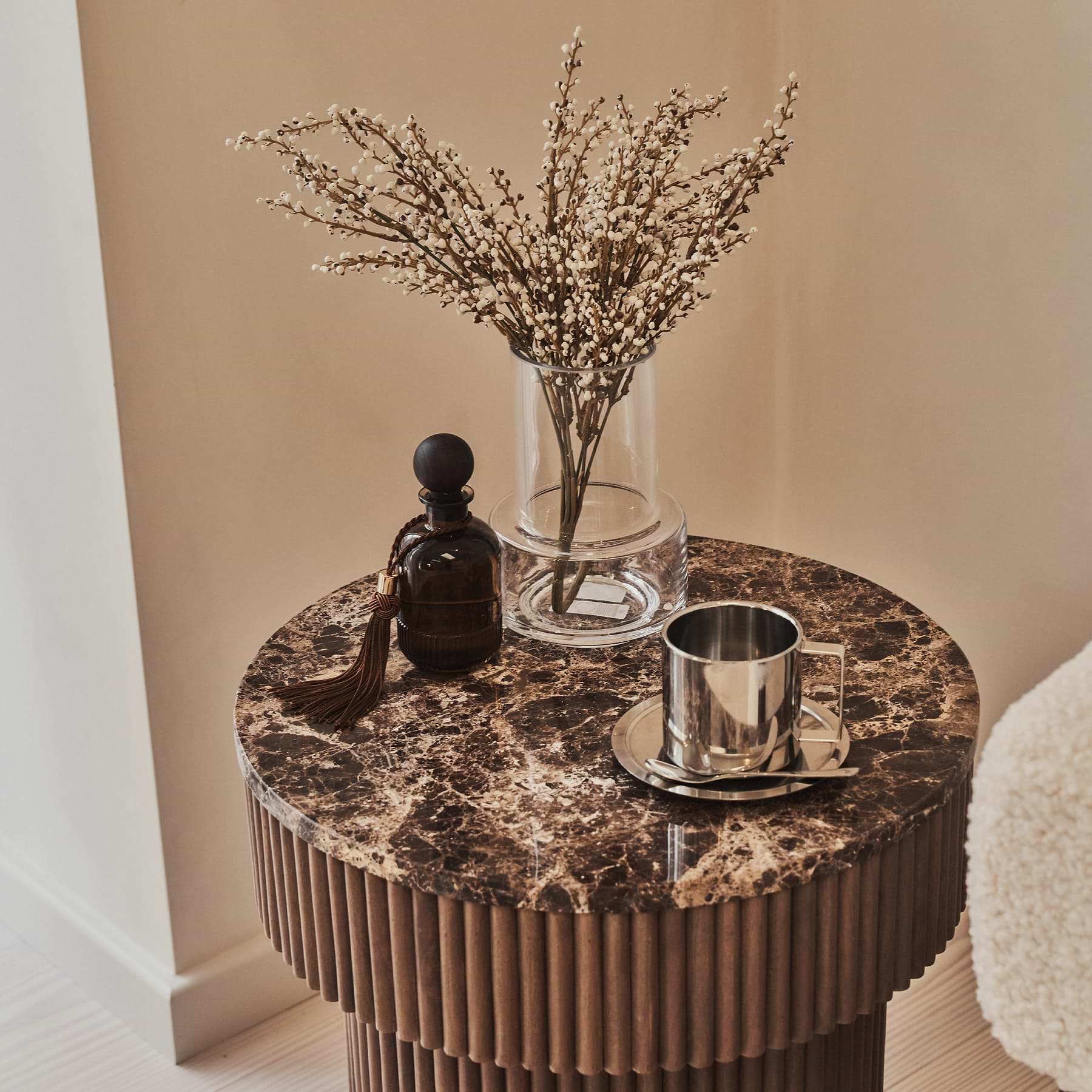 Sloane - Dark Emperador Marble Round Warm Wood Premium Side Table