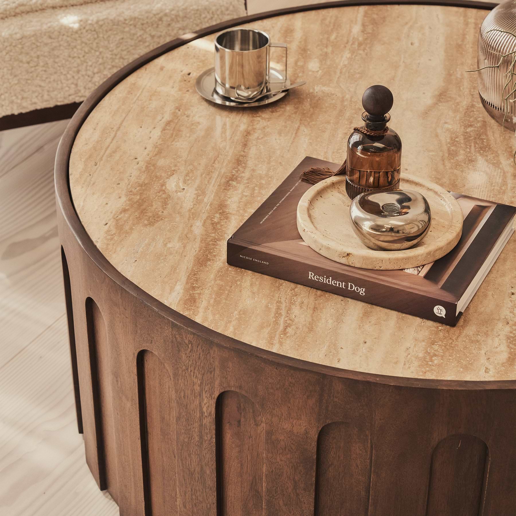 Valor - Beige Travertine Round Dark Wood Premium Coffee Table