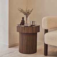 Sloane - Dark Emperador Marble Round Warm Wood Premium Side Table