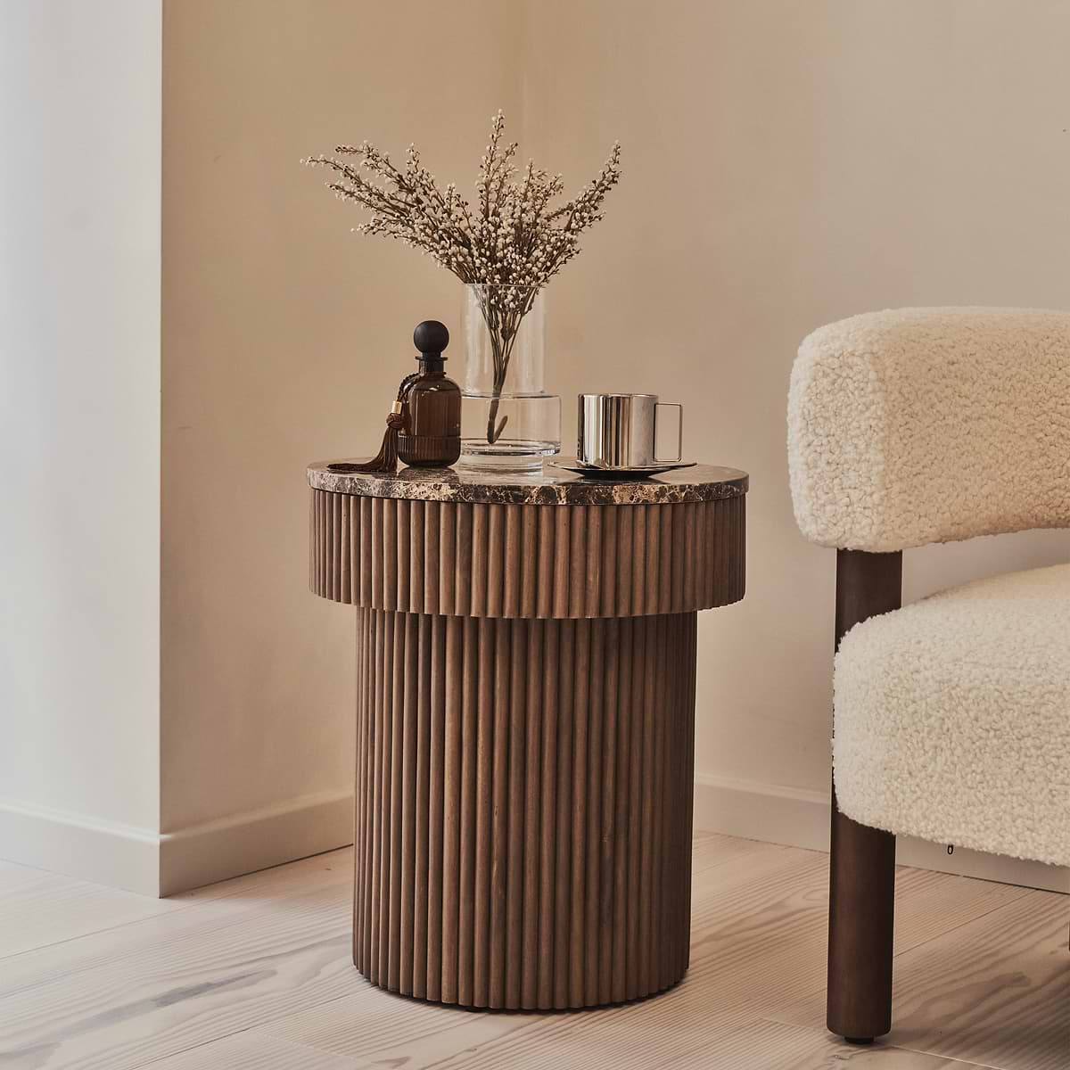 Sloane - Dark Emperador Marble Round Warm Wood Premium Side Table