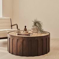 Valor - Beige Travertine Round Dark Wood Premium Coffee Table