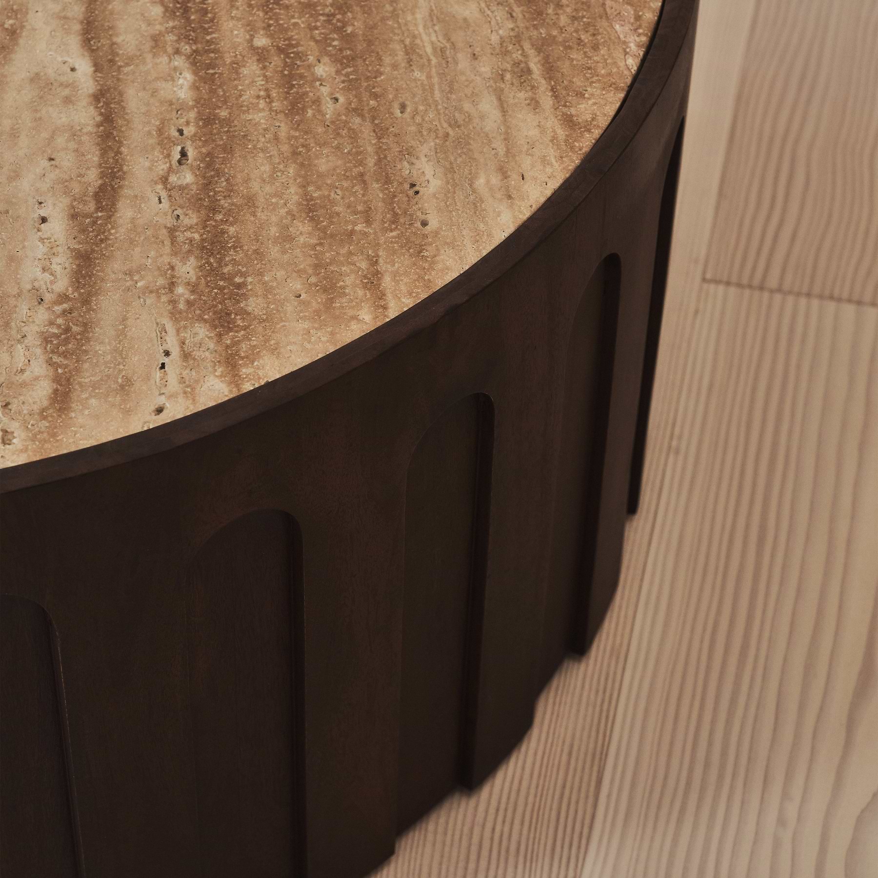 Valor - Beige Travertine Round Dark Wood Premium Coffee Table