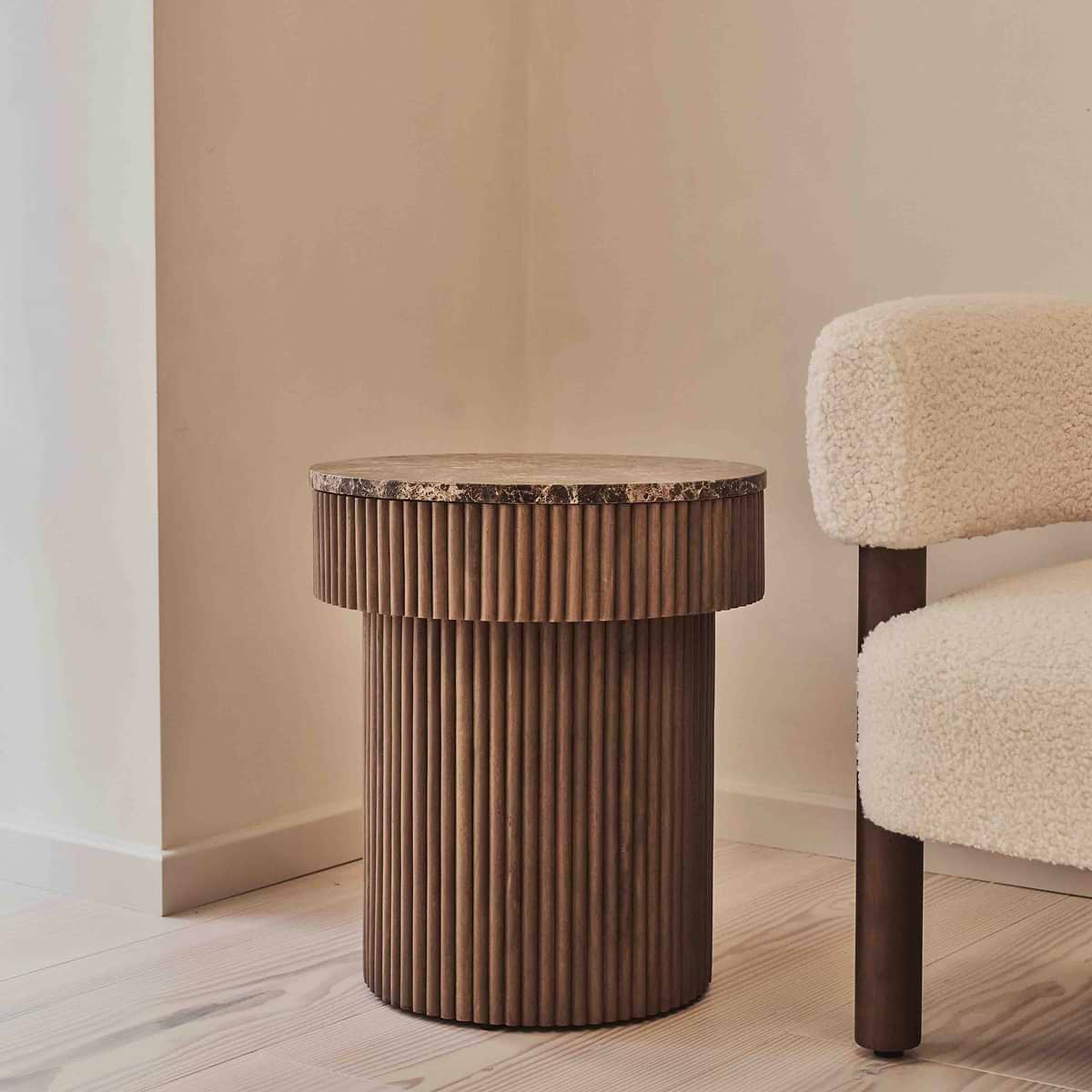 Sloane - Dark Emperador Marble Round Warm Wood Premium Side Table