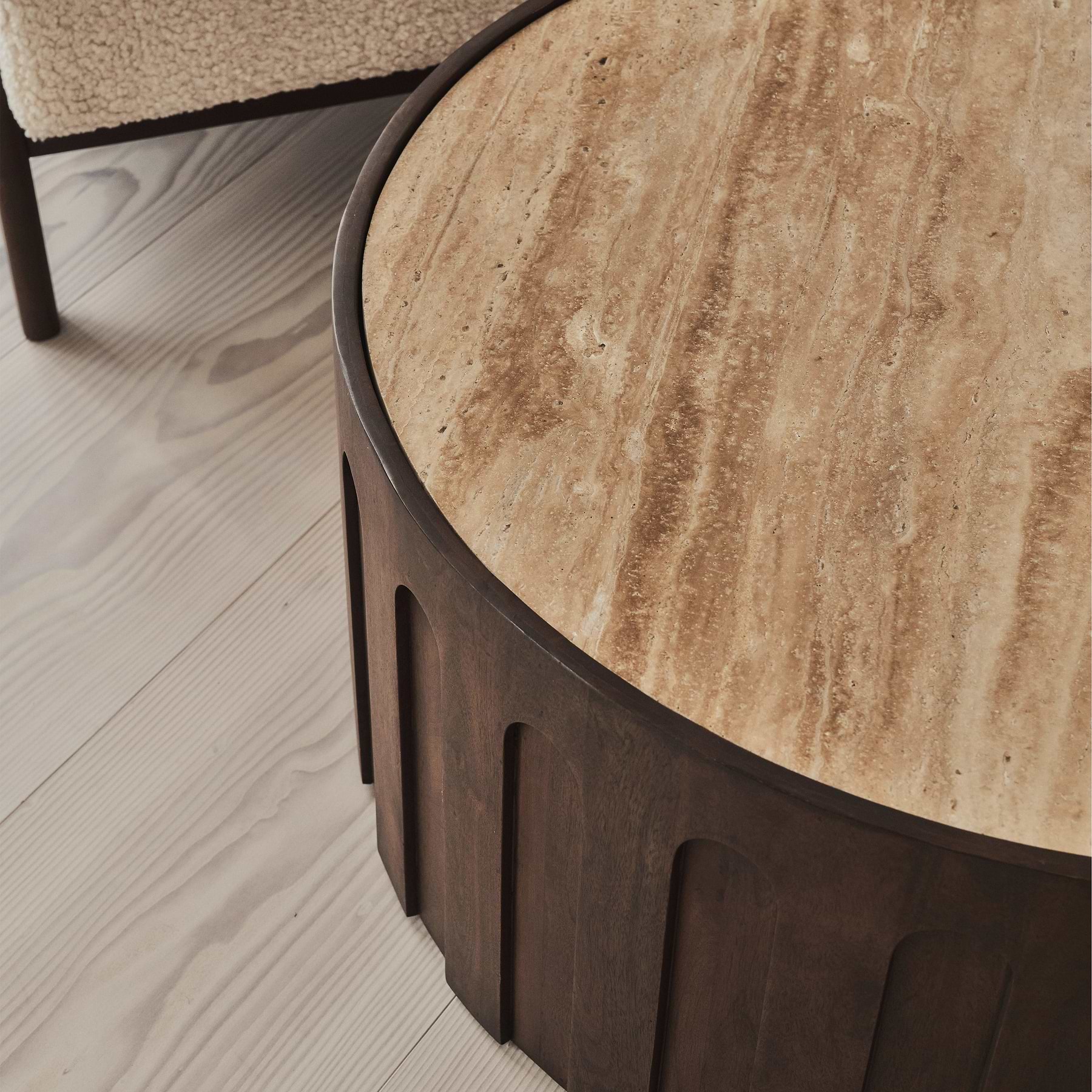 Valor - Beige Travertine Round Dark Wood Premium Coffee Table
