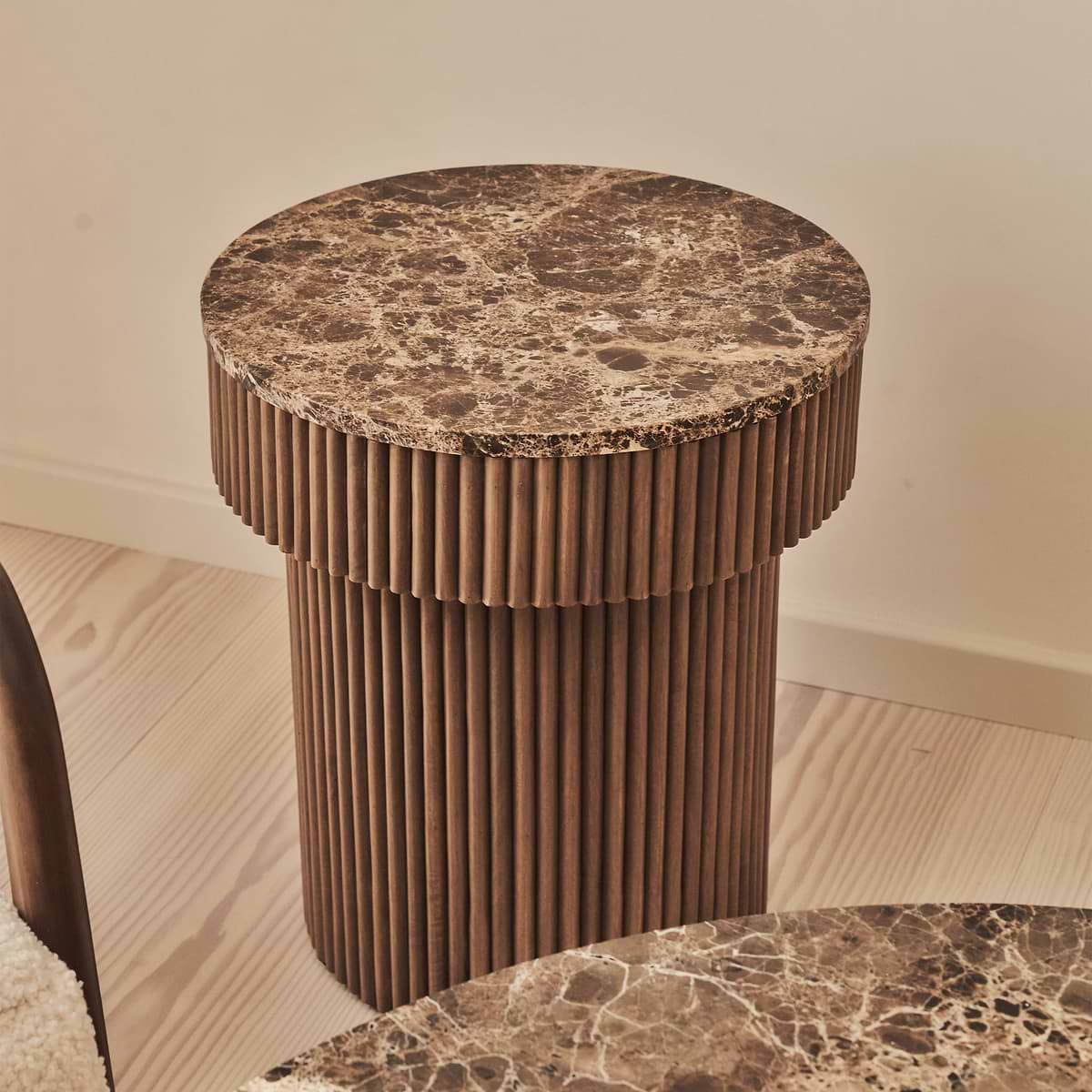 Sloane - Dark Emperador Marble Round Warm Wood Premium Side Table