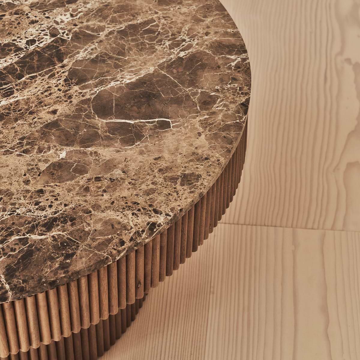 Sloane - Dark Emperador Marble Round Warm Wood Premium Coffee Table