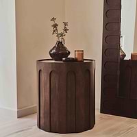 Valor - Beige Travertine Round Dark Wood Premium Side Table