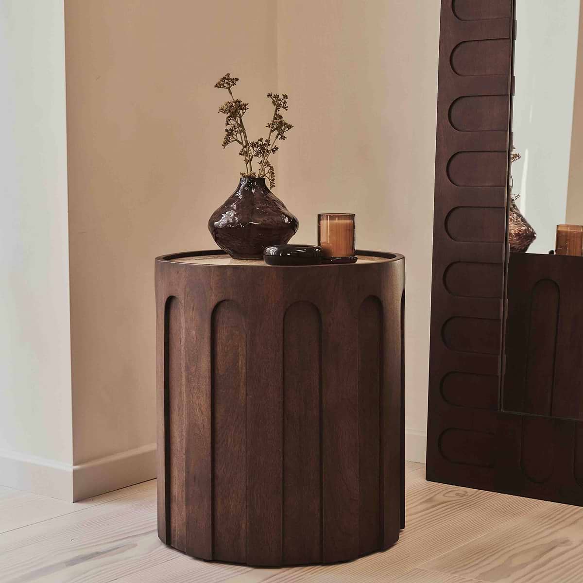 Valor - Beige Travertine Round Dark Wood Premium Side Table