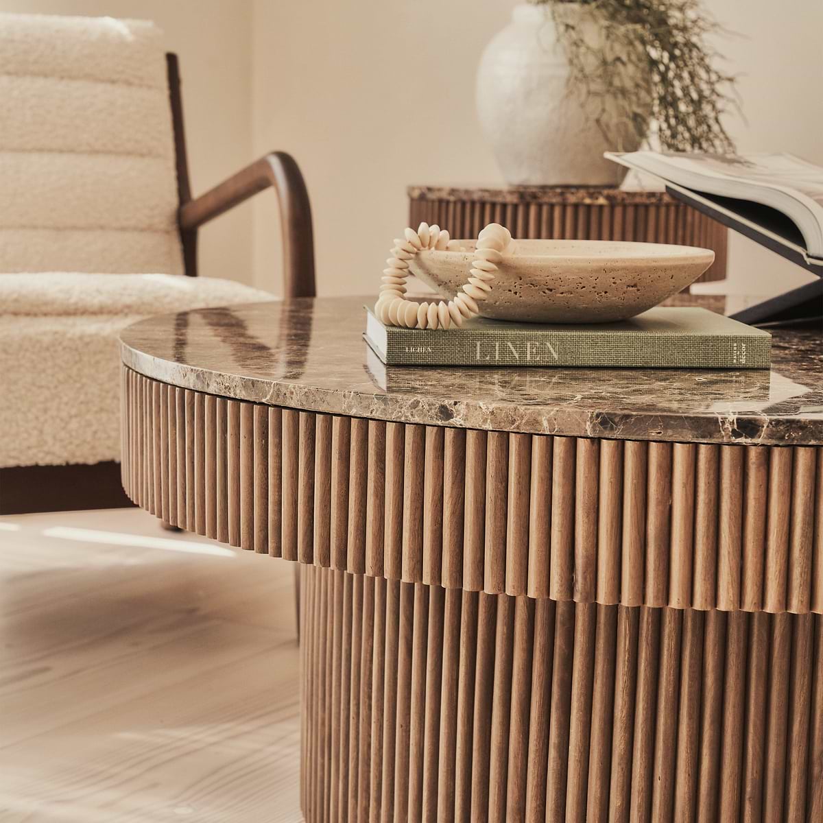 Sloane - Dark Emperador Marble Round Warm Wood Premium Coffee Table