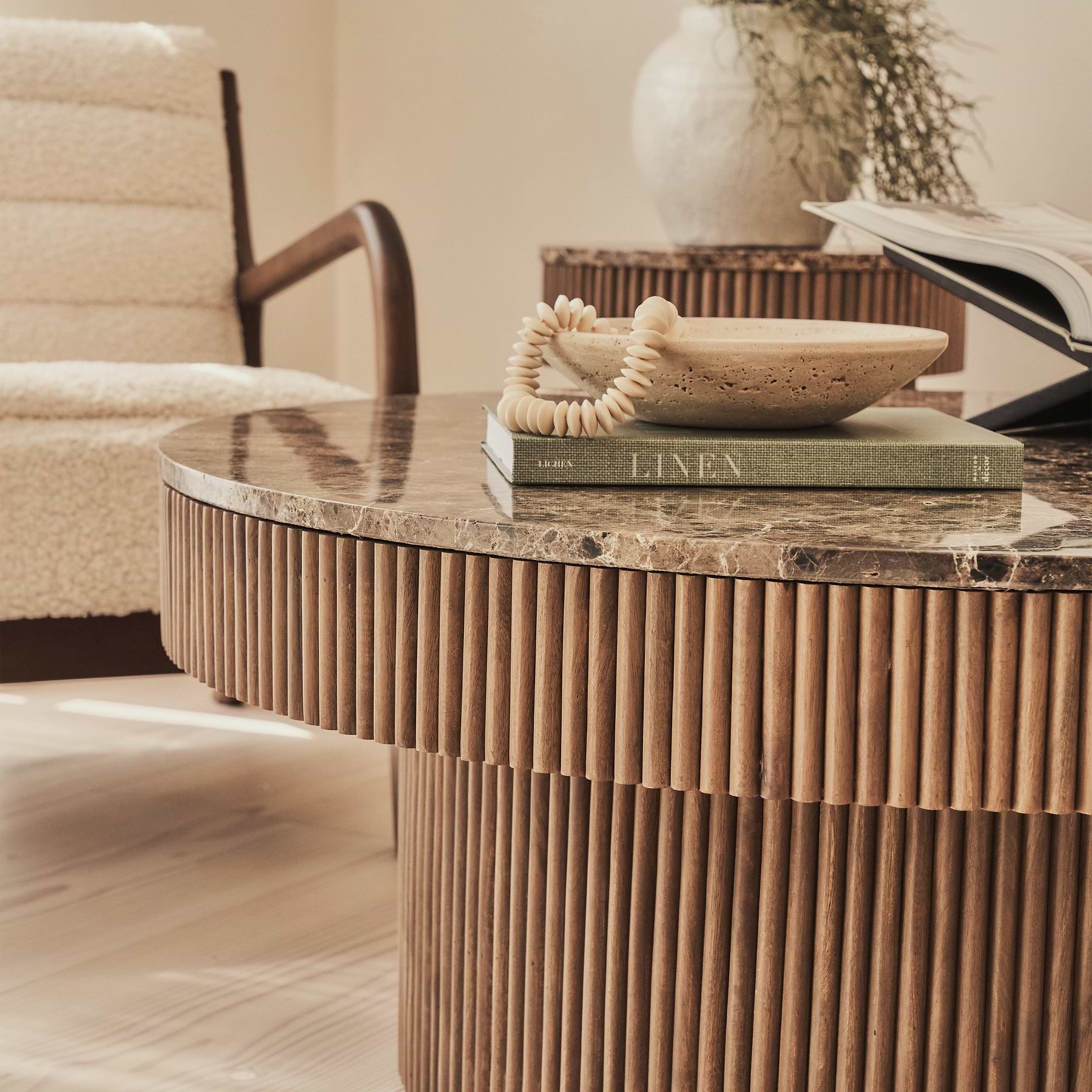 Sloane - Dark Emperador Marble Round Warm Wood Premium Coffee Table