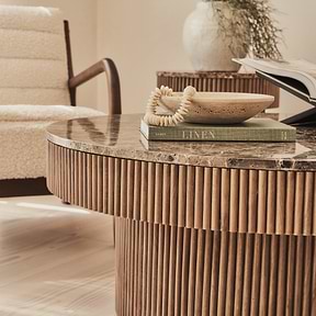 Sloane - Dark Emperador Marble Round Warm Wood Premium Coffee Table