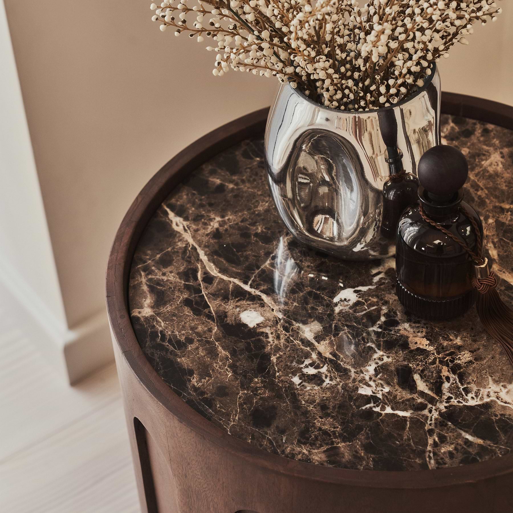 Valor - Dark Emperador Marble Round Dark Wood Premium Side Table