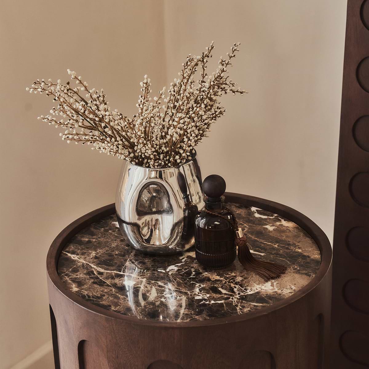 Valor - Dark Emperador Marble Round Dark Wood Premium Side Table