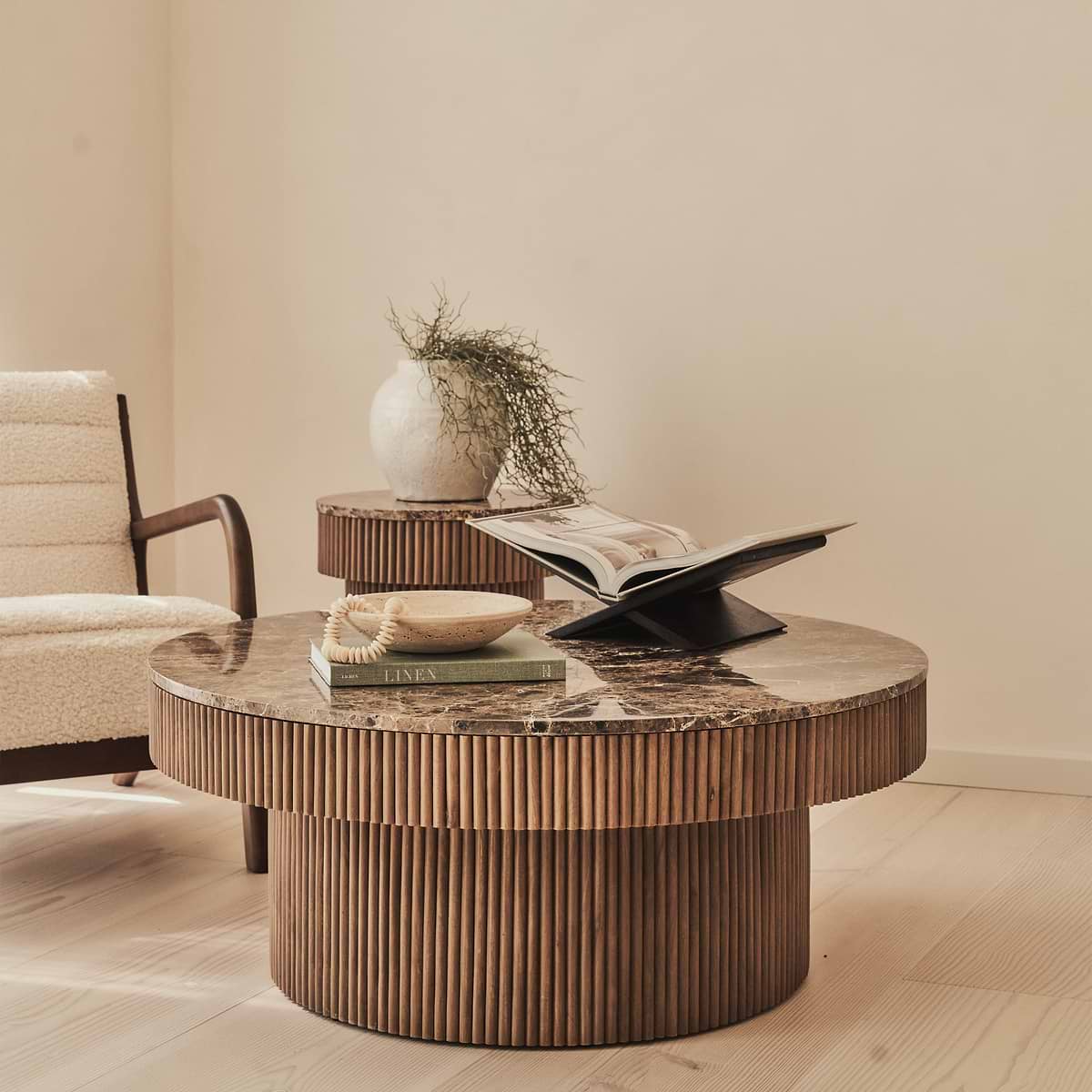 Sloane - Dark Emperador Marble Round Warm Wood Premium Coffee Table