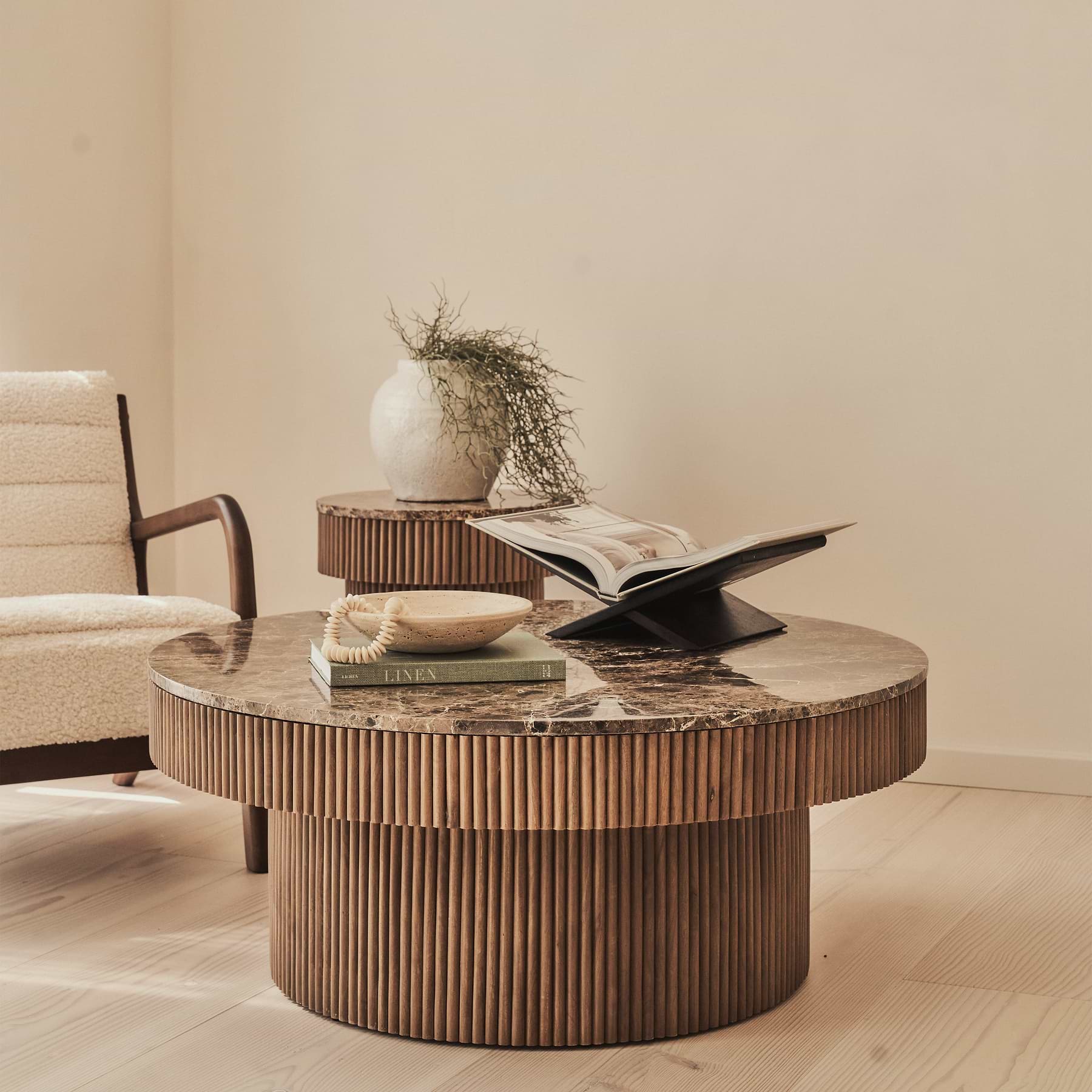 Sloane - Dark Emperador Marble Round Warm Wood Premium Coffee Table