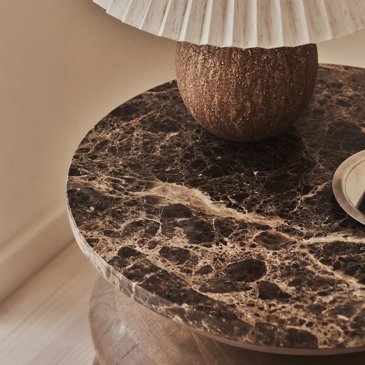 Orinthia - Dark Emperador Marble Round Dark Wood Premium Side Table