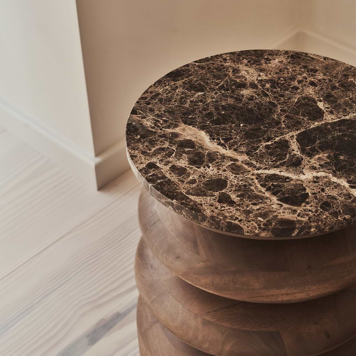 Orinthia - Dark Emperador Marble Round Dark Wood Premium Side Table