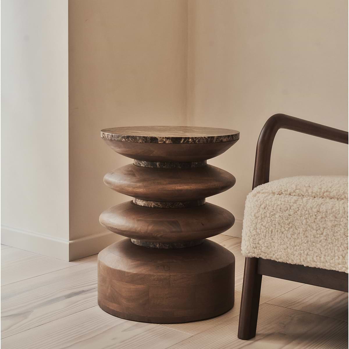 Orinthia - Dark Emperador Marble Round Dark Wood Premium Side Table