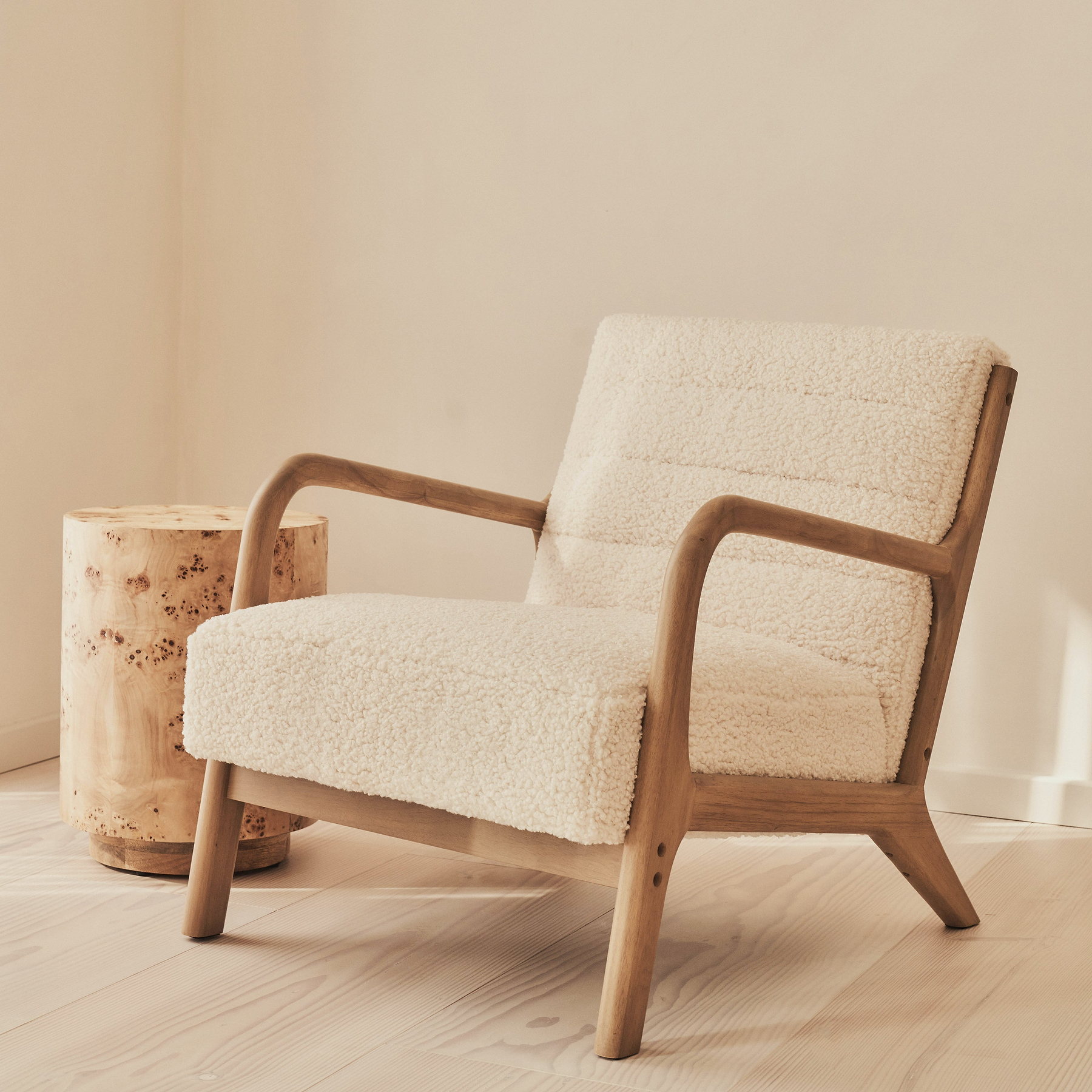 Hudson - Boucle Accent Chair Ivory & Warm Wood